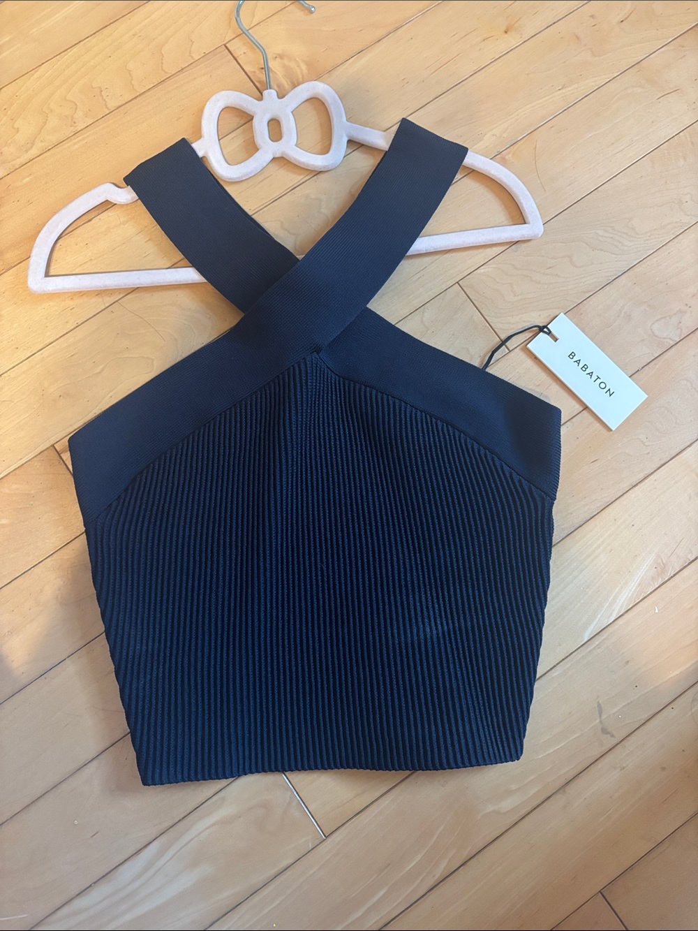 Babaton Black Ribbed Crisscross Crop Top